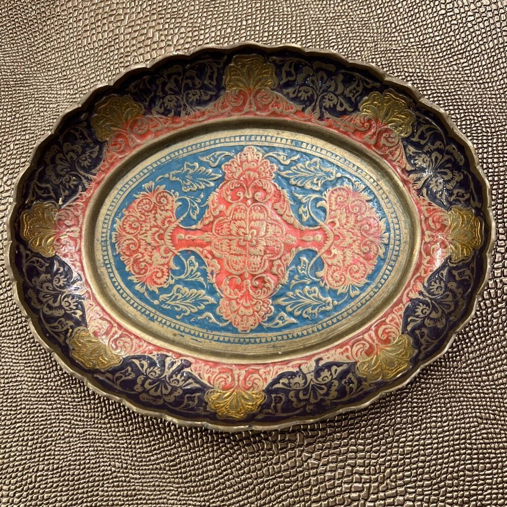 VTG Orient Bronze Plate Inlaid Design Decorative Hand Carved Fruit Bowl India